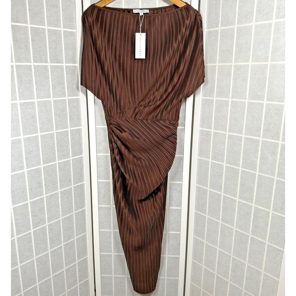 Baltic Born Winslow Dress Womens Small Brown Pleated Midi Classic Ruching NWT